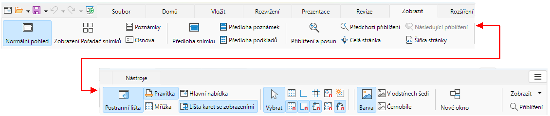 Uživatelské rozhraní s kartami – karta Zobrazit