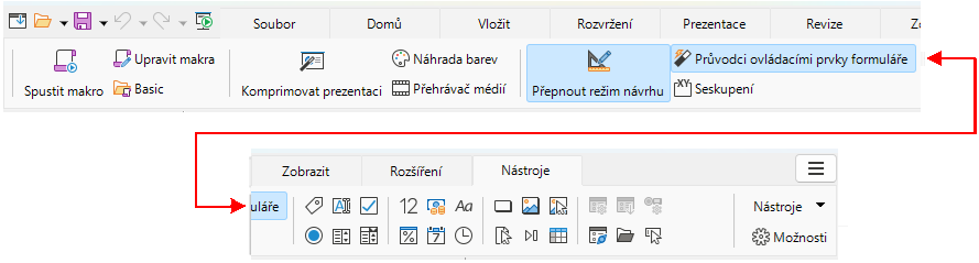 Uživatelské rozhraní s kartami – karta Nástroje