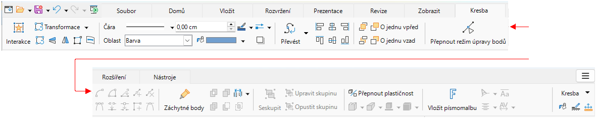 Uživatelské rozhraní s kartami – karta Kresba