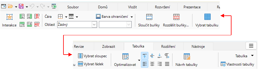 Uživatelské rozhraní s kartami – karta Tabulka