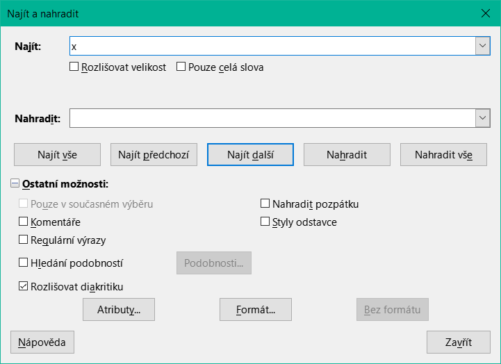 Rozšířené dialogové okno Najít a nahradit