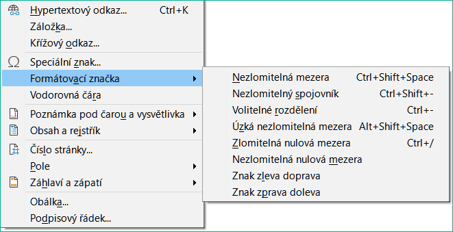 Podnabídka Vložit > Formátovací značka 