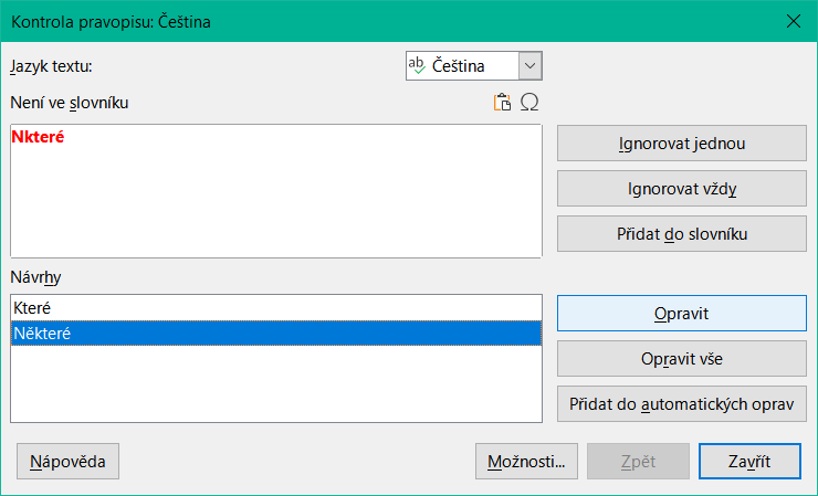 Upozornění na pravopis pomocí dialogového okna Pravopis