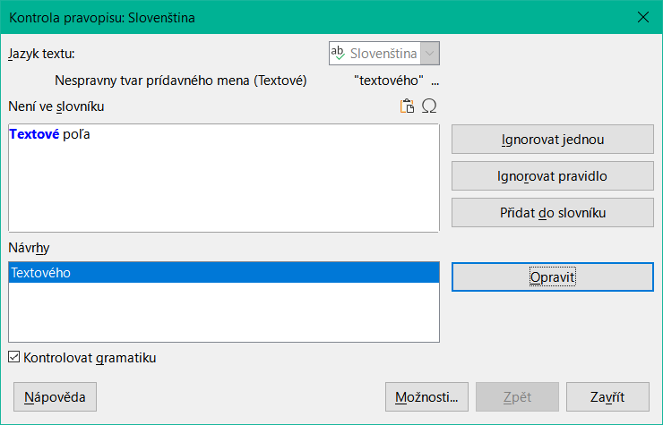 Dialogové okno pravopisu zobrazující adresu URL pro rozšířené vysvětlení gramatiky