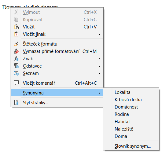 Synonyma v místní nabídce