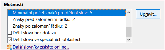 Nastavení možností dělení slov
