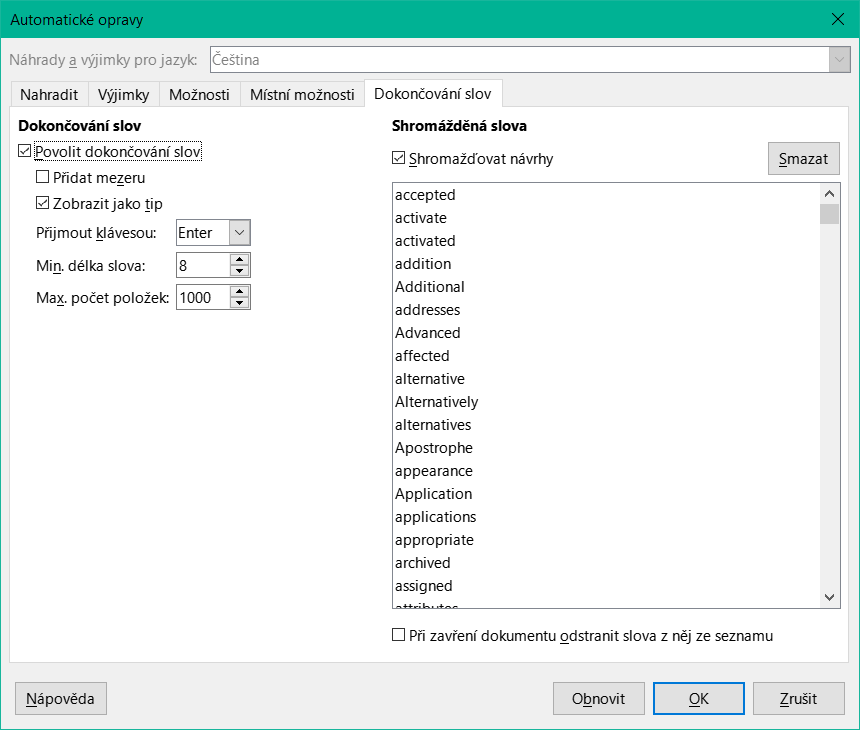 Přizpůsobení doplňování slov