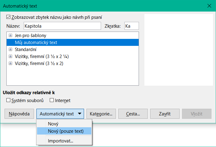 Definice nové položky Automatického textu