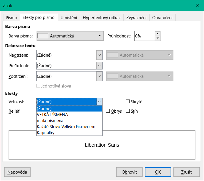 Změna velikosti písmen pomocí dialogového okna Znak