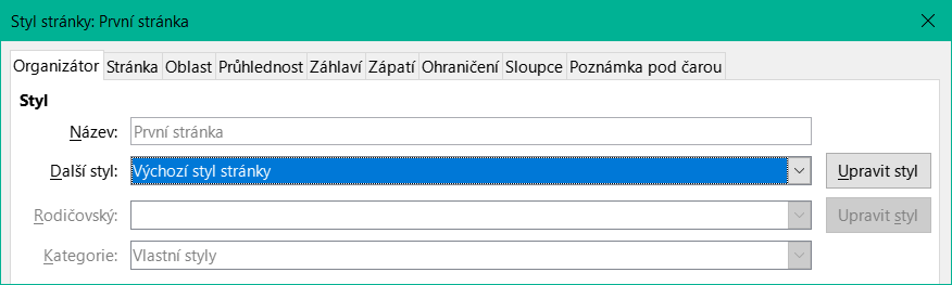 Zadání dalšího stylu po první stránce kapitoly