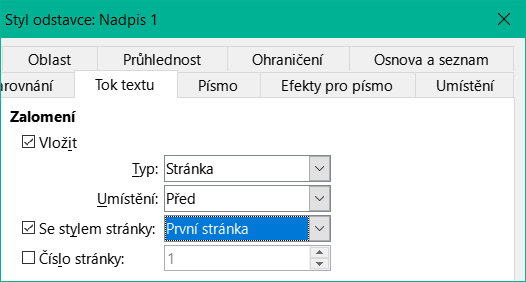Nastavení stylu odstavce tak, aby začínal na stránce vybraného stylu