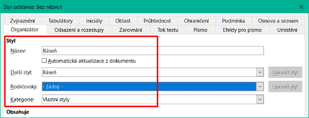 Iniciální konfigurace pro styl Báseň. Nastavíme první tři položky podle obrázku.