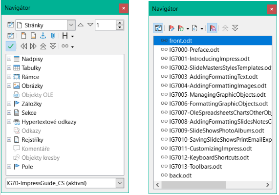 Navigátor pro textový dokument (vlevo) a pro hlavní dokument (vpravo)