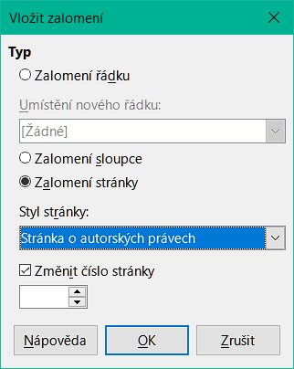 Vložení zalomení stránky mezi titulní stránku a stránku s autorskými právy