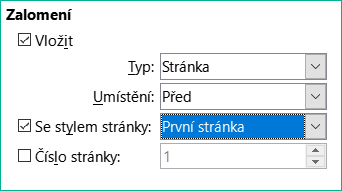 Sekce Zlomy na kartě Tok textu dialogového okna Styl odstavce pro nadpis 1