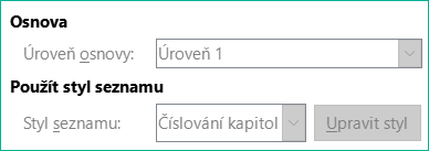 Karta Osnova a seznam dialogového okna Styl odstavce pro nadpis 1