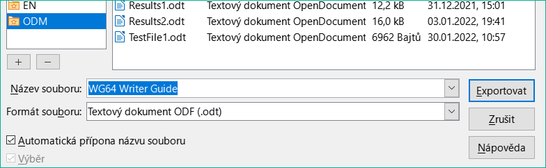 Export hlavního dokumentu do souboru Open Document Text (.odt)