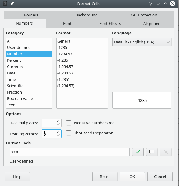 Format Cells dialog – Numbers tab