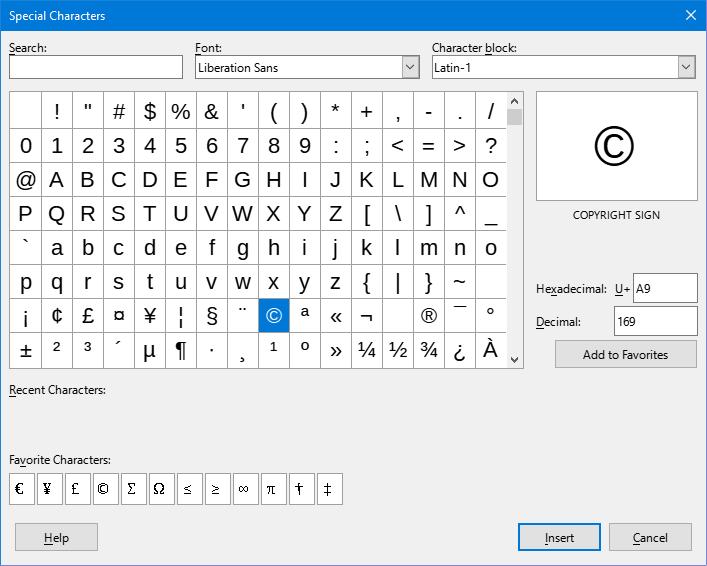 Special Characters dialog