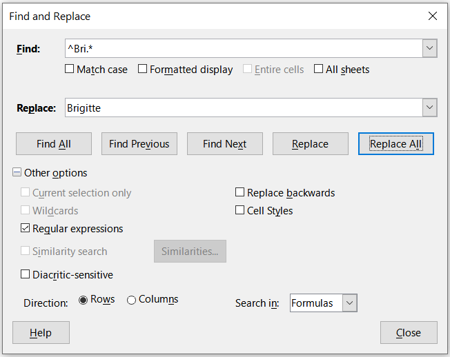 Using a regular expression on the Find and Replace dialog