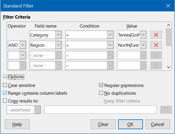 Using regular expressions on the Standard Filter dialog