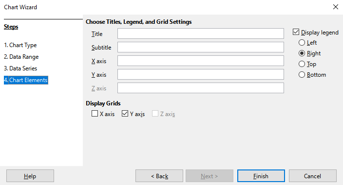 Chart Wizard dialog – selecting and changing chart elements