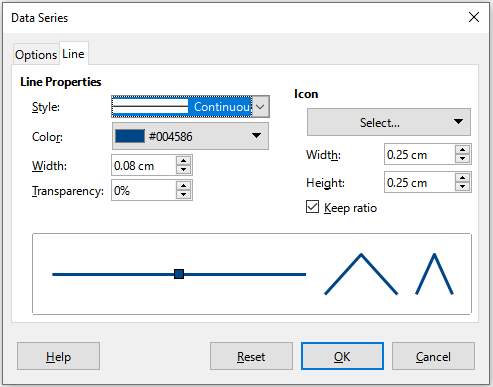 Data Series dialog for line and scatter charts – Line tab