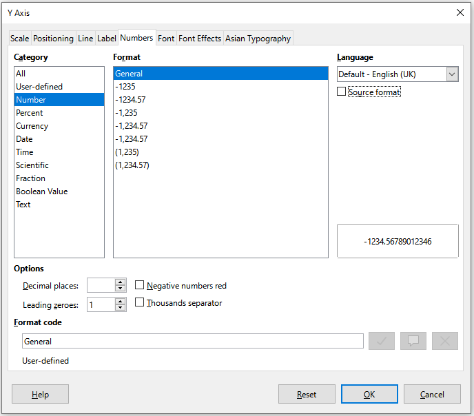 Axis formatting dialog – Numbers tab