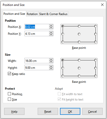 Position and Size dialog — Position and Size tab