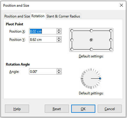 Position and size dialog – Rotation tab