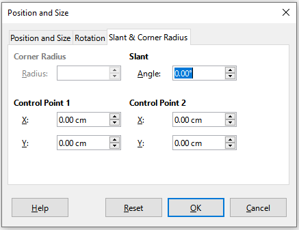 Position and Size dialog – Slant and Corner Radius tab