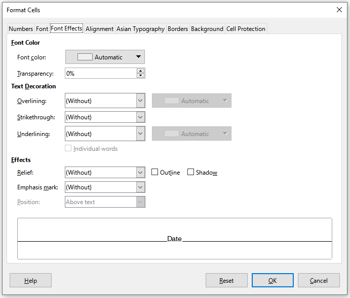 Format Cells dialog – Font Effects tab