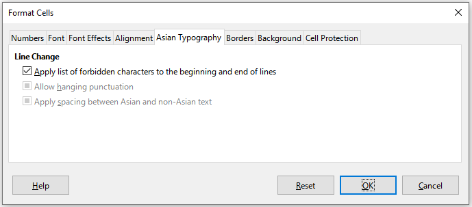 Format Cells dialog - Asian Typography tab