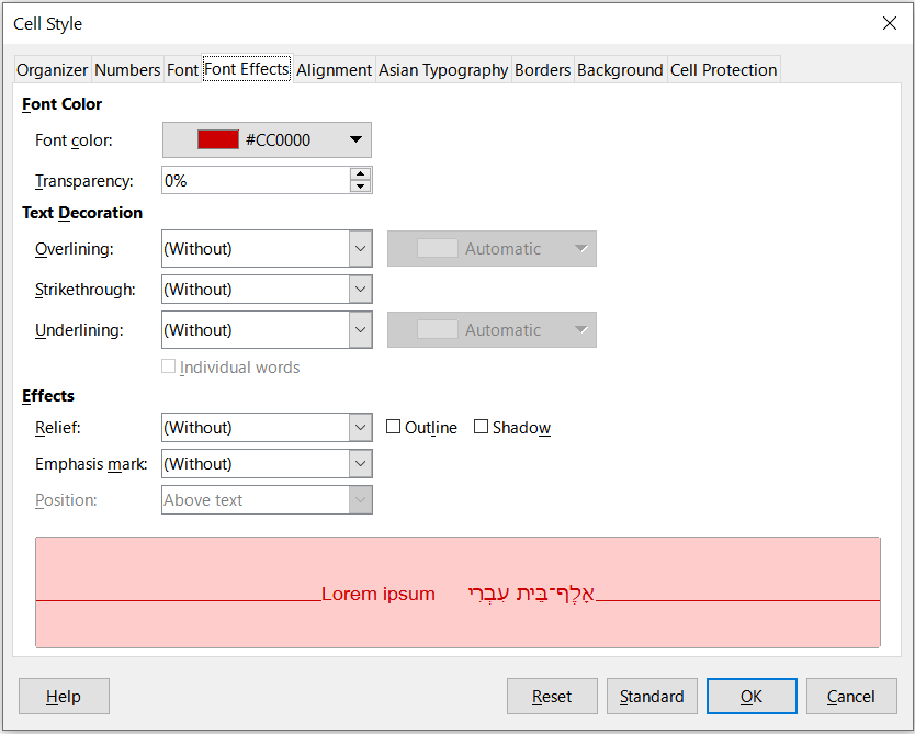 Cell Style dialog – Font Effects tab