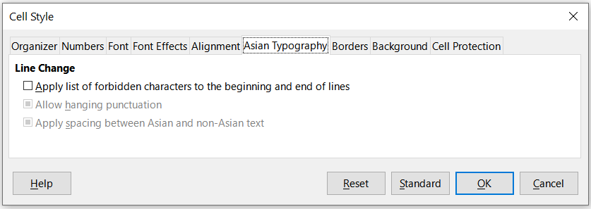 Cell Style dialog - Asian Typography tab