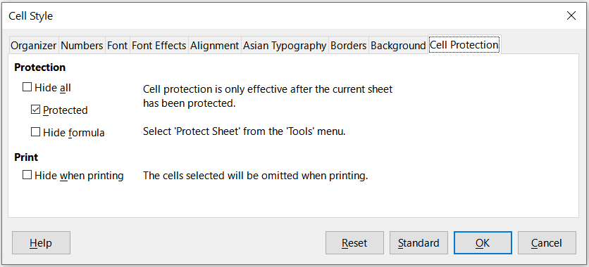 Cell Style dialog – Cell Protection tab
