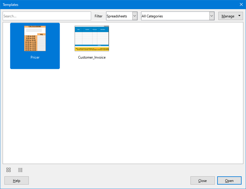 Templates dialog, showing a selected template in thumbnail view