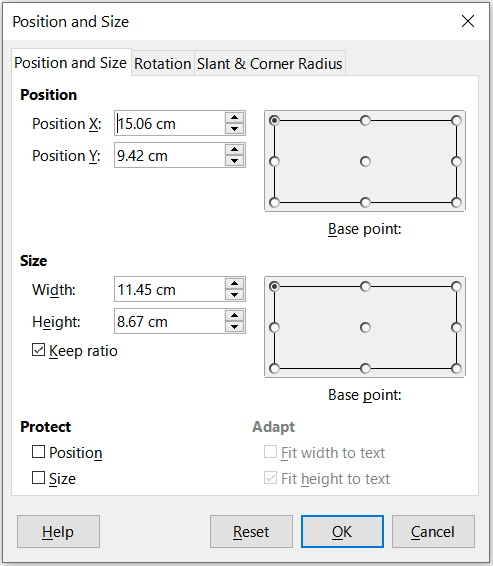 Position and Size dialog – Position and Size tab