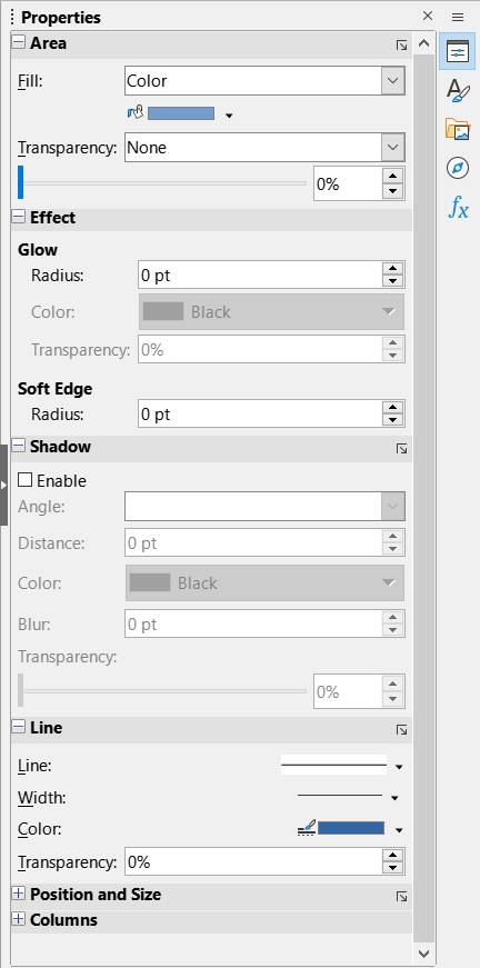 Properties deck in Sidebar for drawing object
