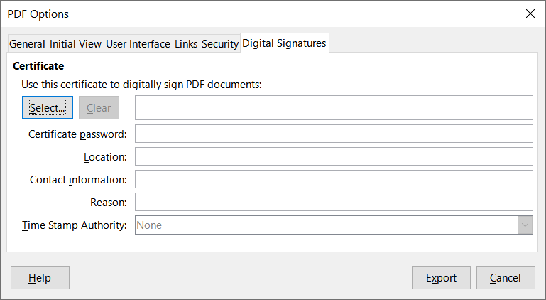 PDF Options dialog – Digital Signatures tab