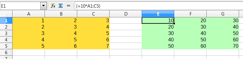Source array (yellow), resulting array (green), with array formula in Formula Bar