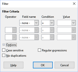 Dialog for defining the filter