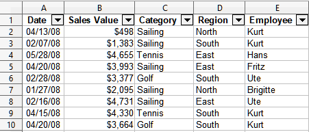 Sales data with AutoFilter applied (only the first few rows are shown)