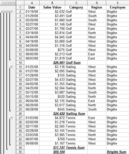 Partial outlined view of sales data example with subtotals