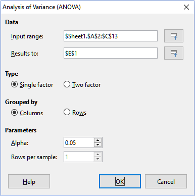 Analysis of Variance (ANOVA) dialog