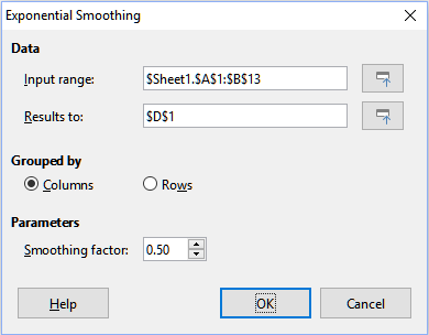 Exponential Smoothing dialog