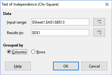 Test of Independence (Chi-Square) dialog