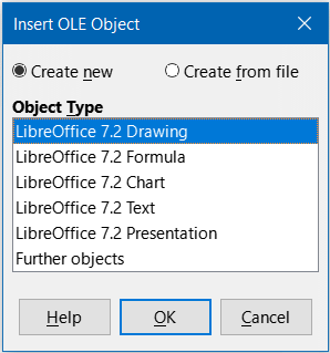 Insert OLE Object dialog with Create new option selected