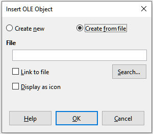 Insert OLE Object dialog with Create from file option selected