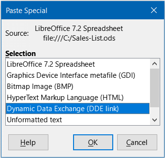 Paste Special dialog in Writer, with DDE link selected